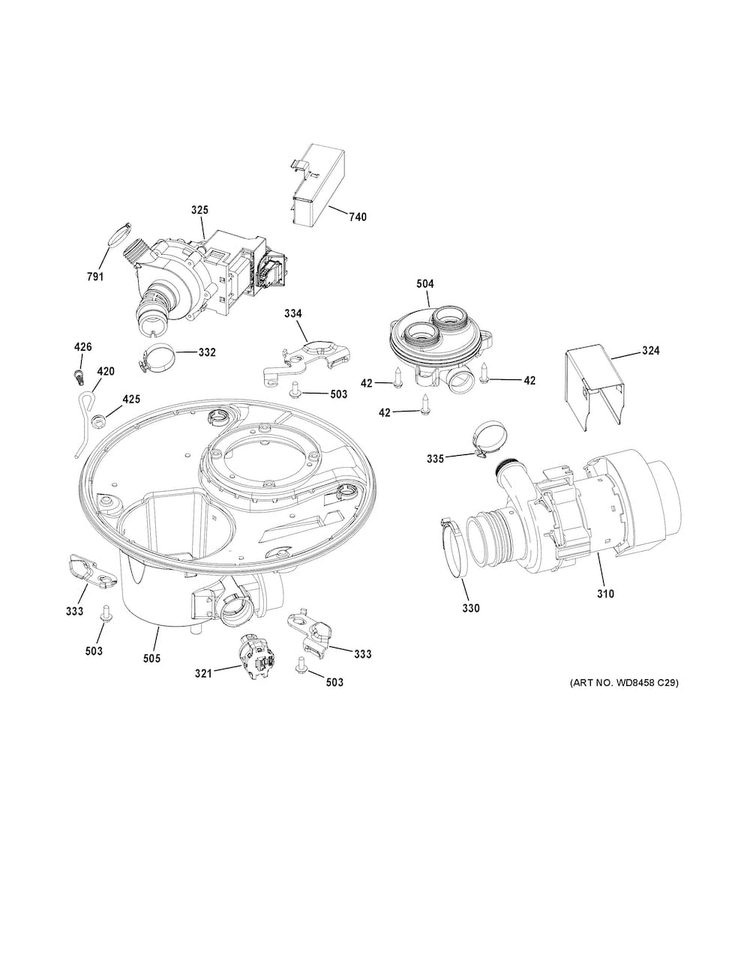 Sump & Motor Mechanism Diagram and Parts List for DDT575SMF4ES  General Electric Dishwasher