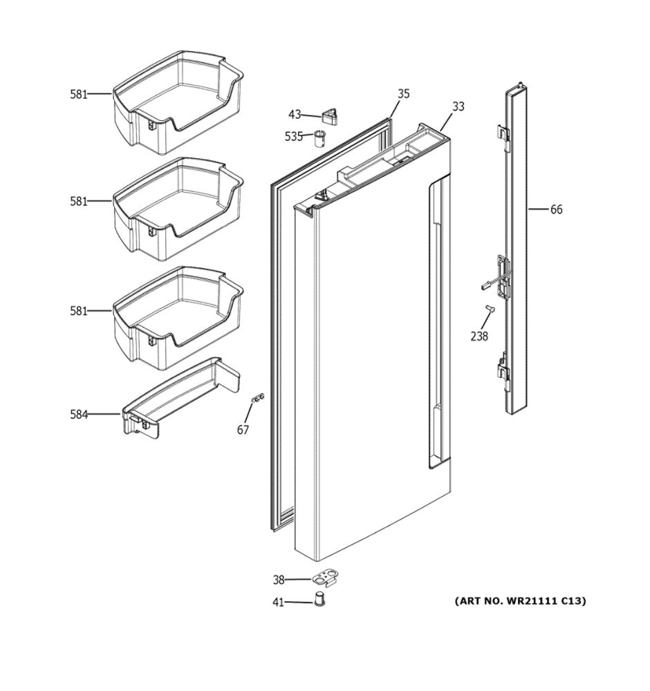 Fresh Food Door - Lh Diagram and Parts List for QNE27JSMNFSS  General Electric Refrigerator