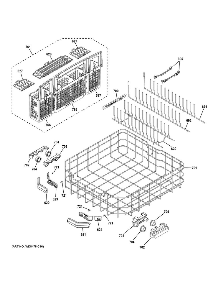 Lower Rack Assembly Diagram and Parts List for GDT680SGH7BB  General Electric Dishwasher