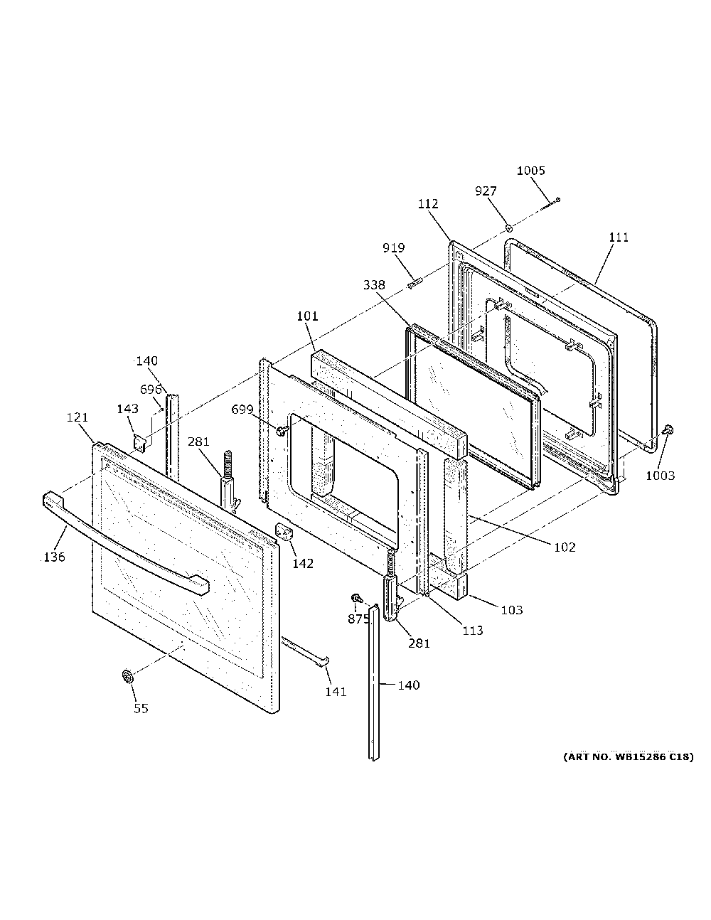 Door Diagram and Parts List for PB911SJASS  General Electric Range