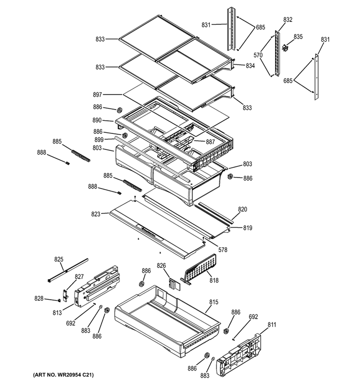 Fresh Food Shelves Diagram and Parts List for GFE27GGDEBB  General Electric Refrigerator