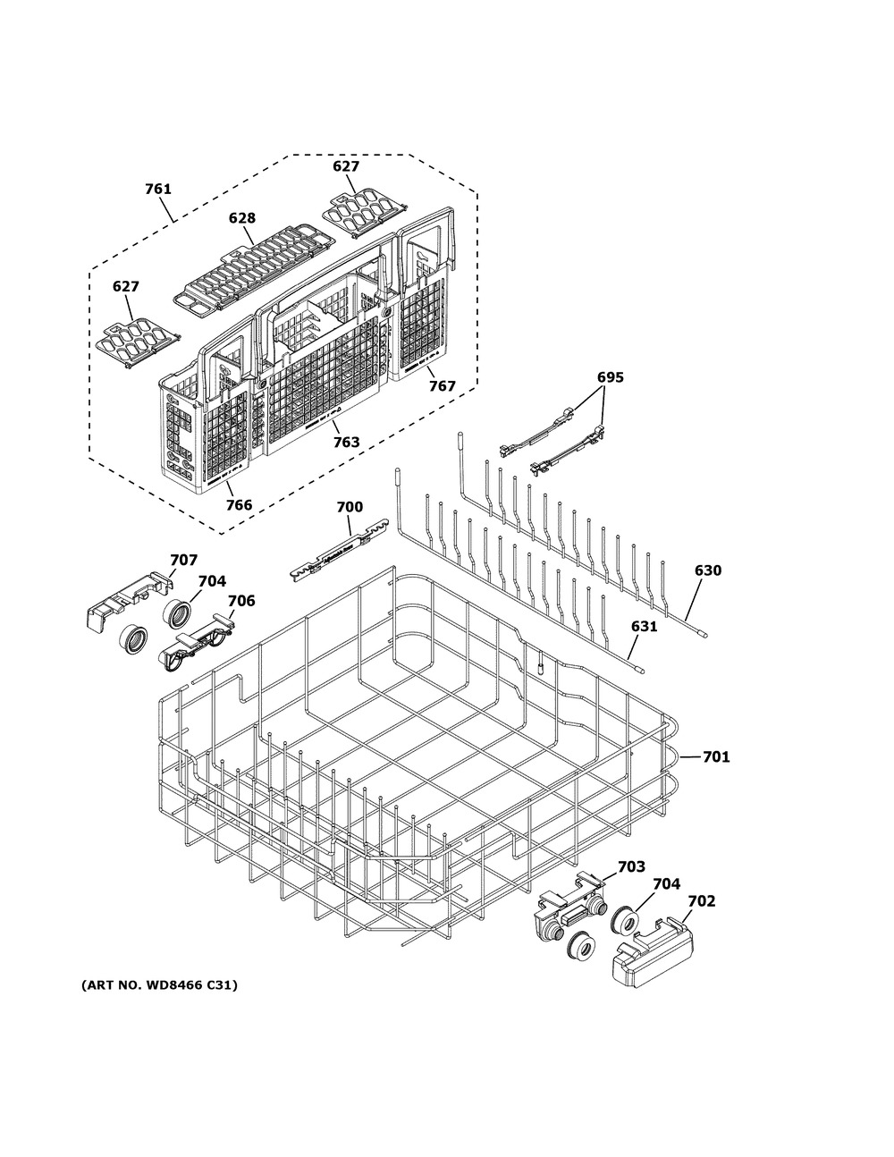 Lower Rack Assembly Diagram and Parts List for CDT800P2N0S1  General Electric Dishwasher
