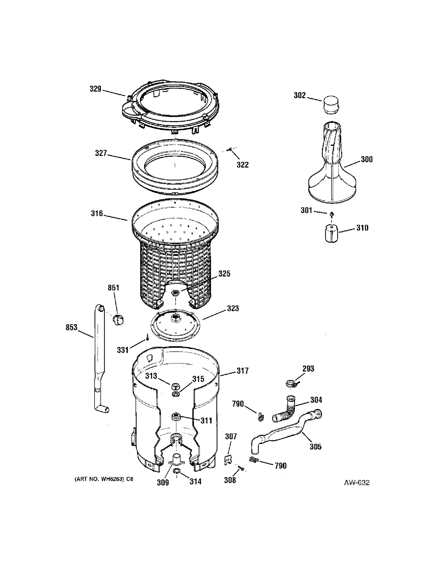 TUB Diagram and Parts List for MNSR1090H0WW  General Electric Washer