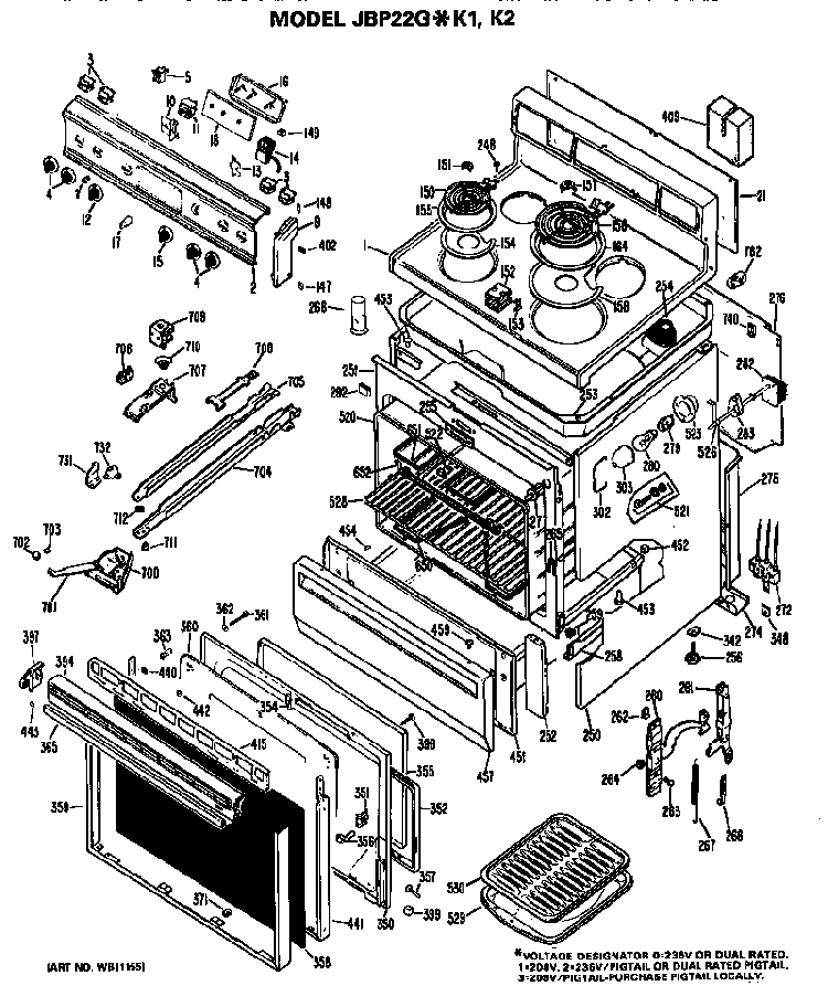 Main Body/cooktop/controls Diagram and Parts List for JBP22GK2  General Electric Range