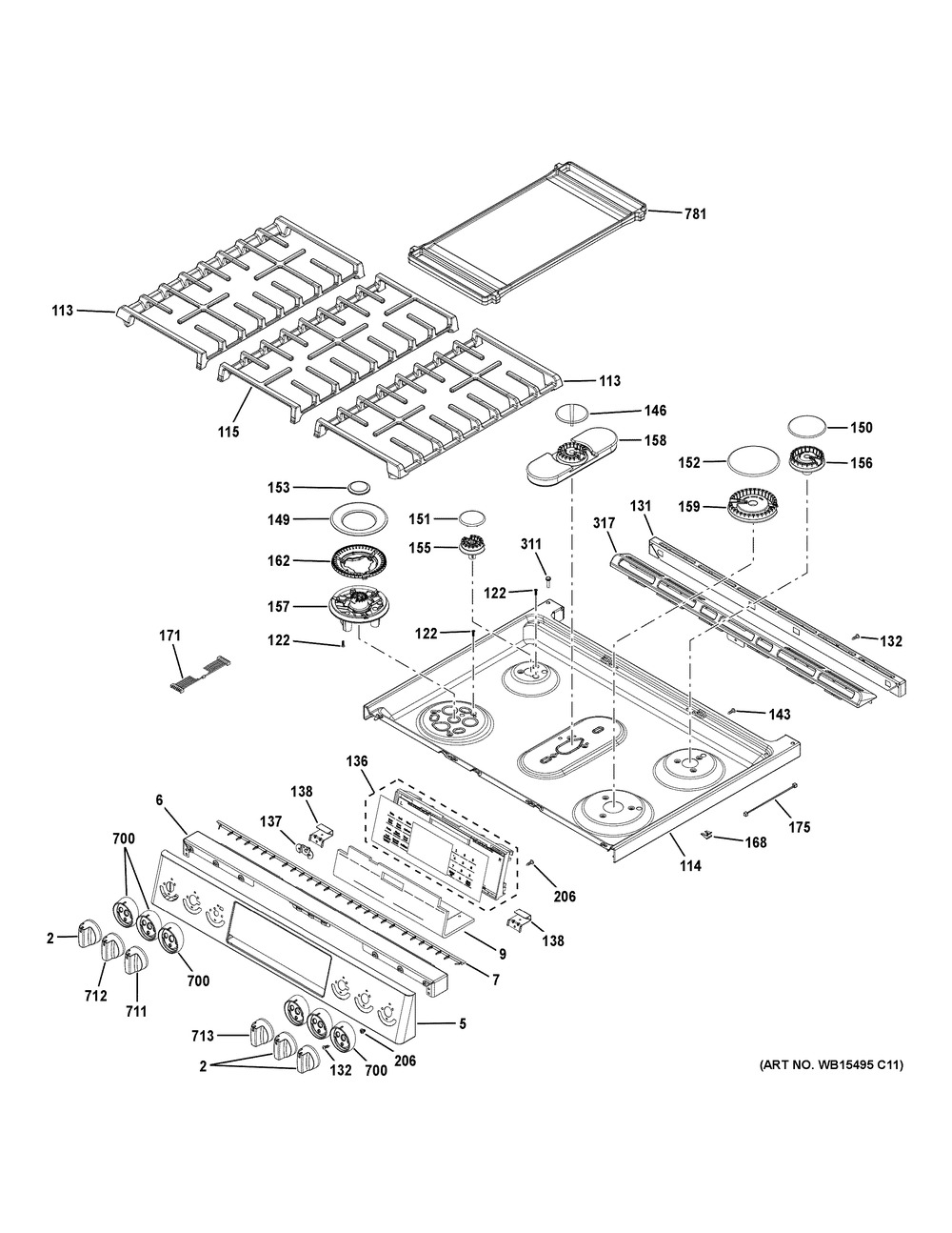 Control Panel & Cooktop Diagram and Parts List for PGS960EEL2ES  General Electric Range