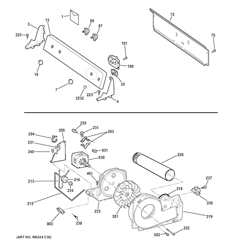 Backsplash, Blower & Motor Assembly Diagram and Parts List for GTDP200GF4WS  General Electric Dryer