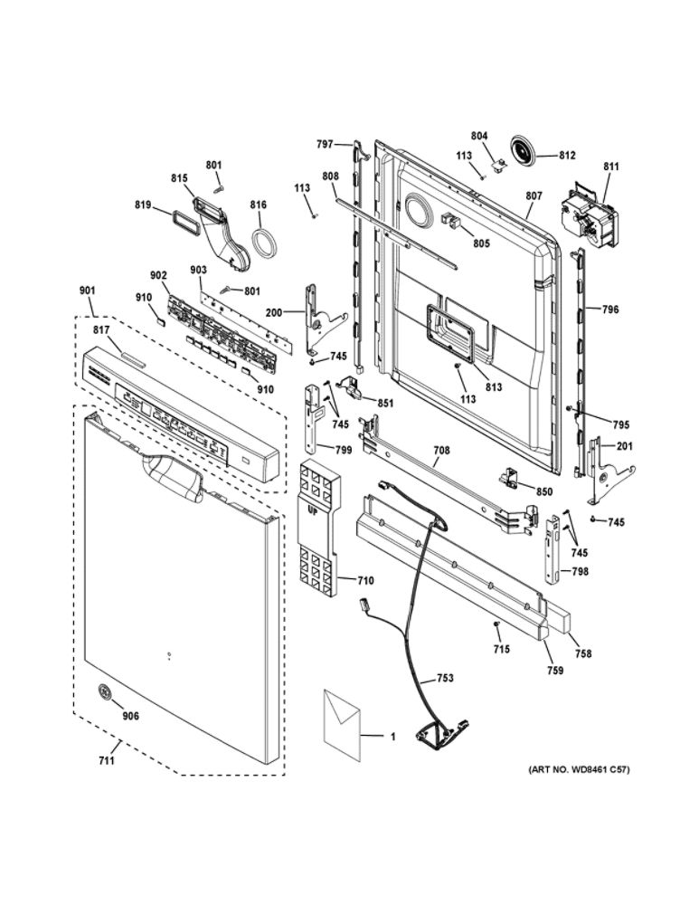 Escutcheon And Door Assembly Diagram and Parts List for GDF640HGM2BB  General Electric Dishwasher