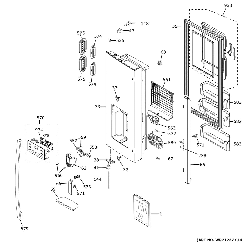 Dispenser Door Diagram and Parts List for GFE24JYKJFFS  General Electric Refrigerator