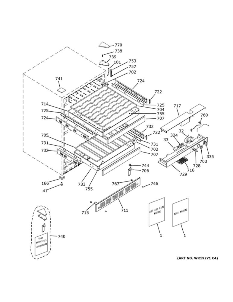 Cabinet And Shelves Diagram and Parts List for PCR06WATESS  General Electric Wine and Beverage Cooler