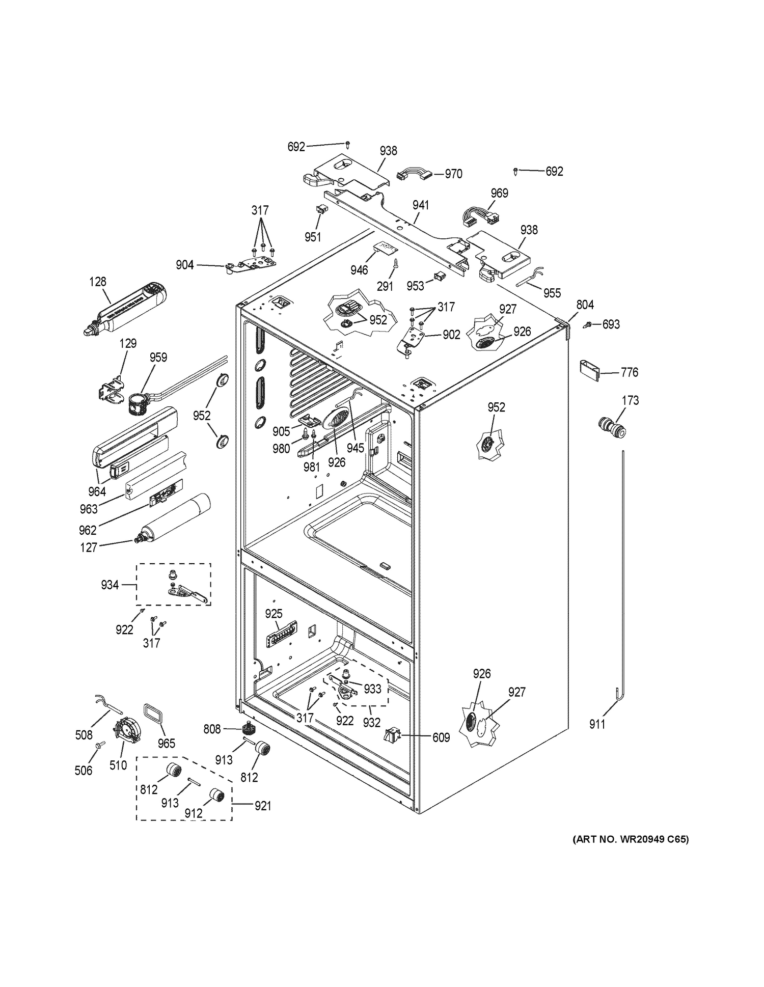 CASE PARTS Diagram and Parts List for GFE26GGKGBB  General Electric Refrigerator