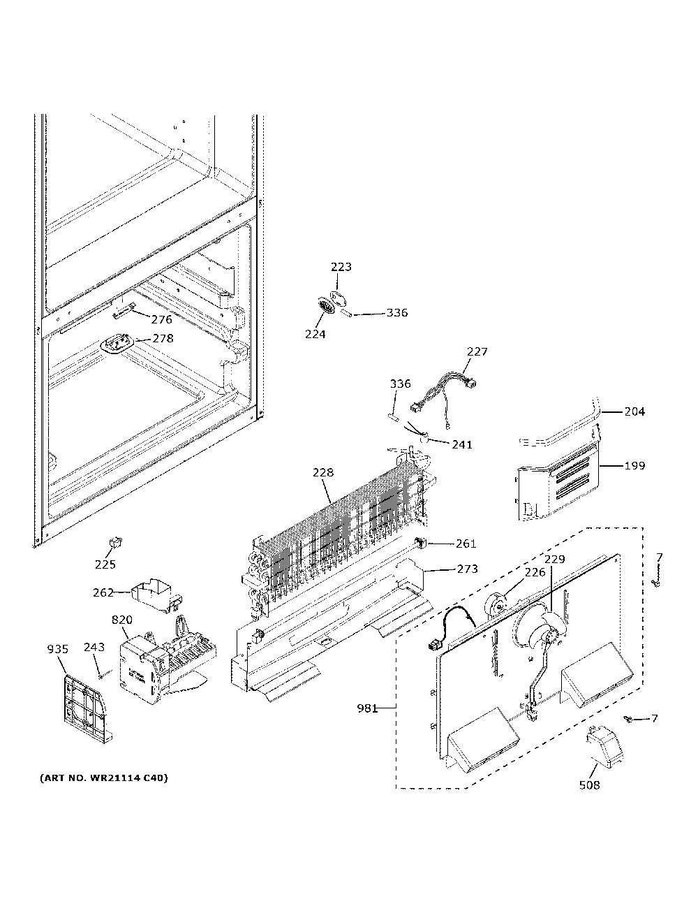 Freezer section Diagram and Parts List for GNE25JSKDFSS  General Electric Refrigerator