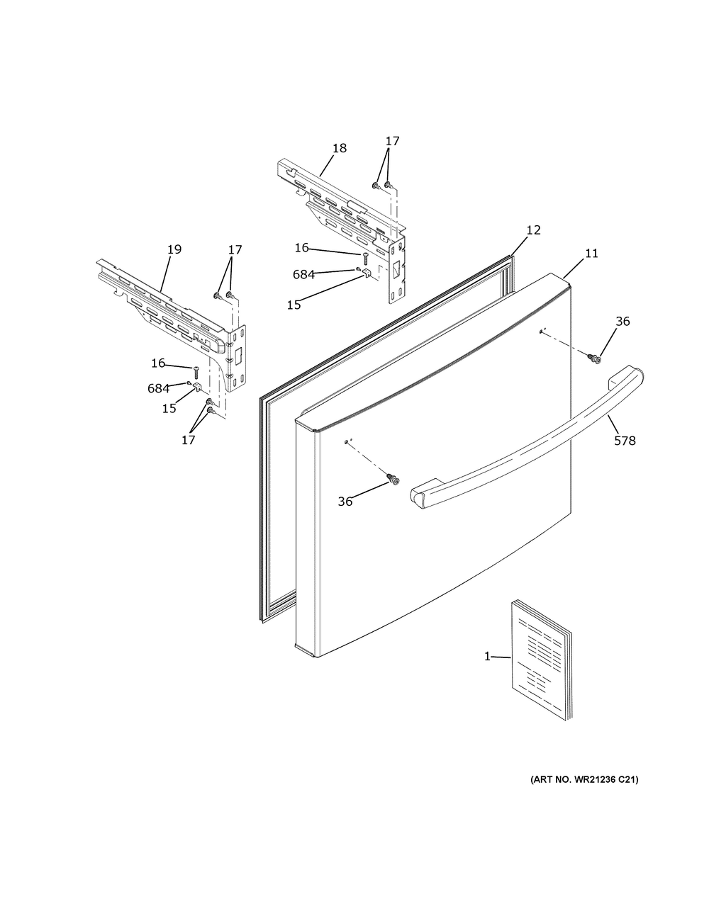 Freezer Door Diagram and Parts List for GNE25JGKZFBB  General Electric Refrigerator