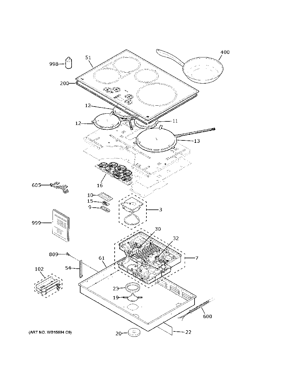 Control Panel And Cooktop Diagram and Parts List for CHP90302T1SS  General Electric Cooktop