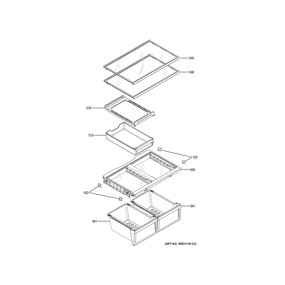 Fresh Food Shelves Diagram and Parts List for GDE21EGKXRWW  General Electric Refrigerator