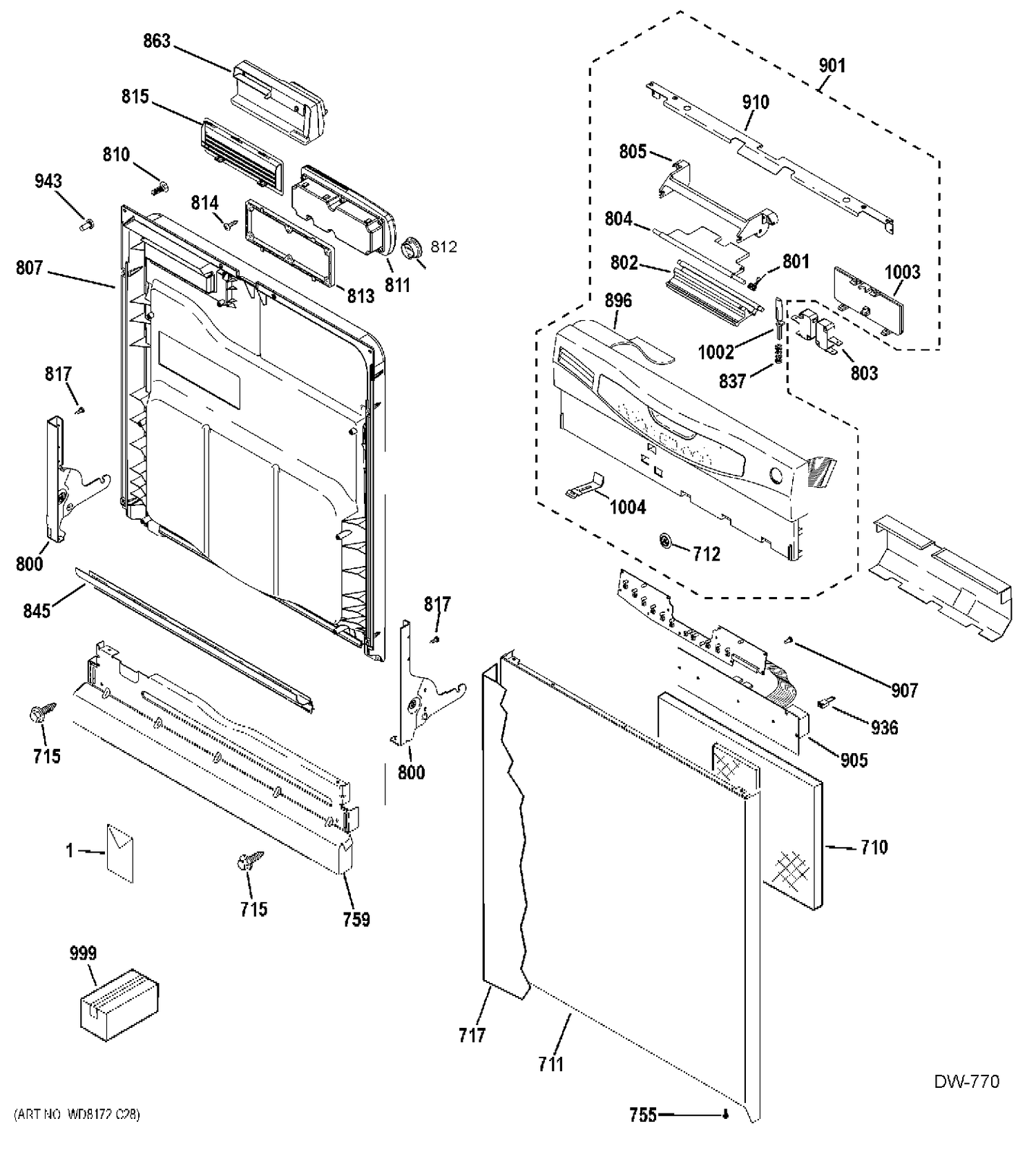 DOOR Diagram and Parts List for GLD3846T05SS  General Electric Dishwasher
