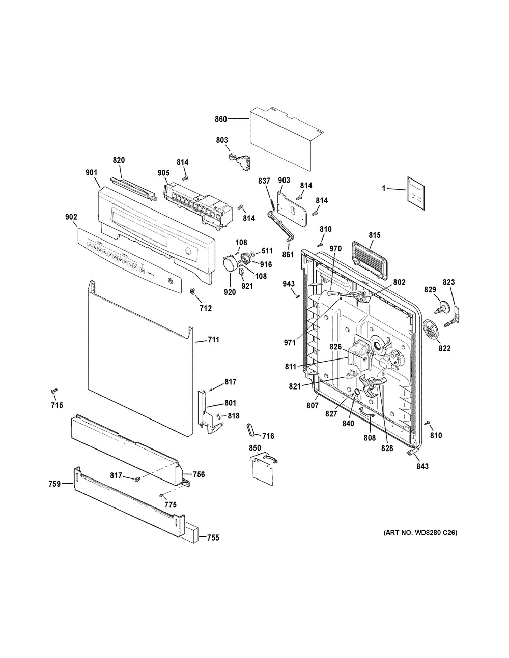 Escutcheon & Door Assembly Diagram and Parts List for GSD4060K01SS  General Electric Dishwasher