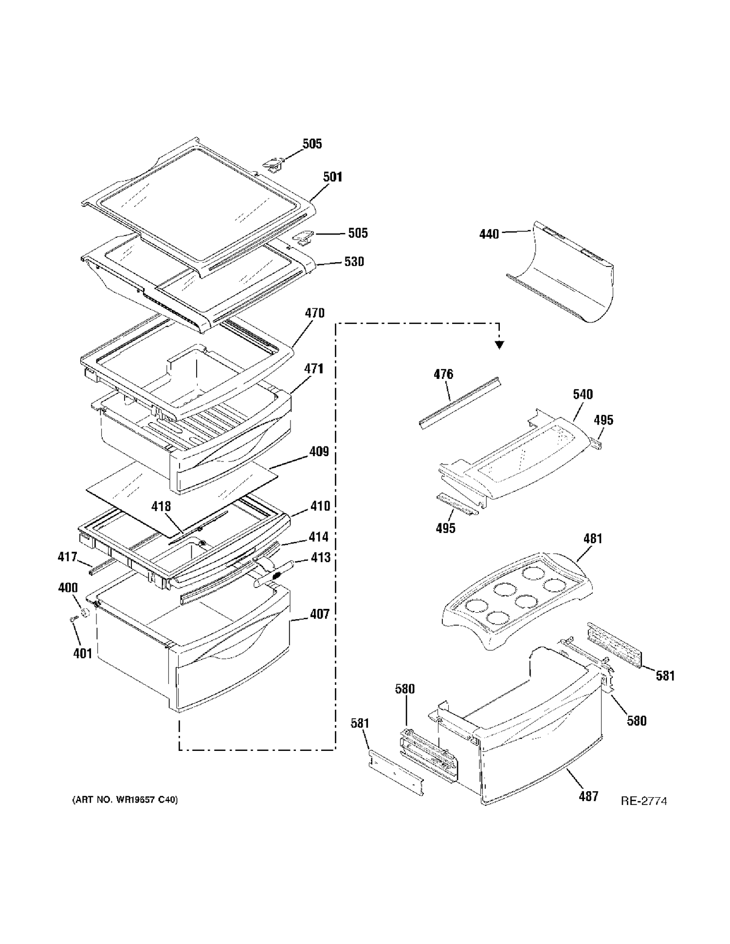 FF SHELVES Diagram and Parts List for ZFSB25DTBSS  General Electric Refrigerator