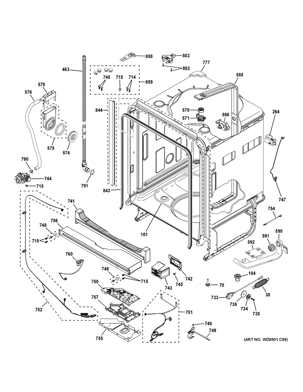 Body Parts (1) Diagram and Parts List for PDT715SYV0FS  General Electric Dishwasher