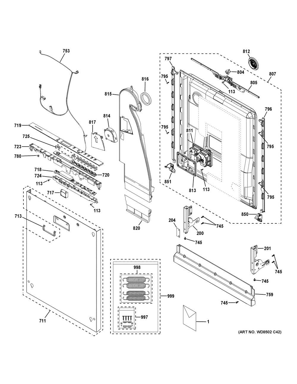 Escutcheon And Door Assembly Diagram and Parts List for ZDT925SINBII  General Electric Dishwasher