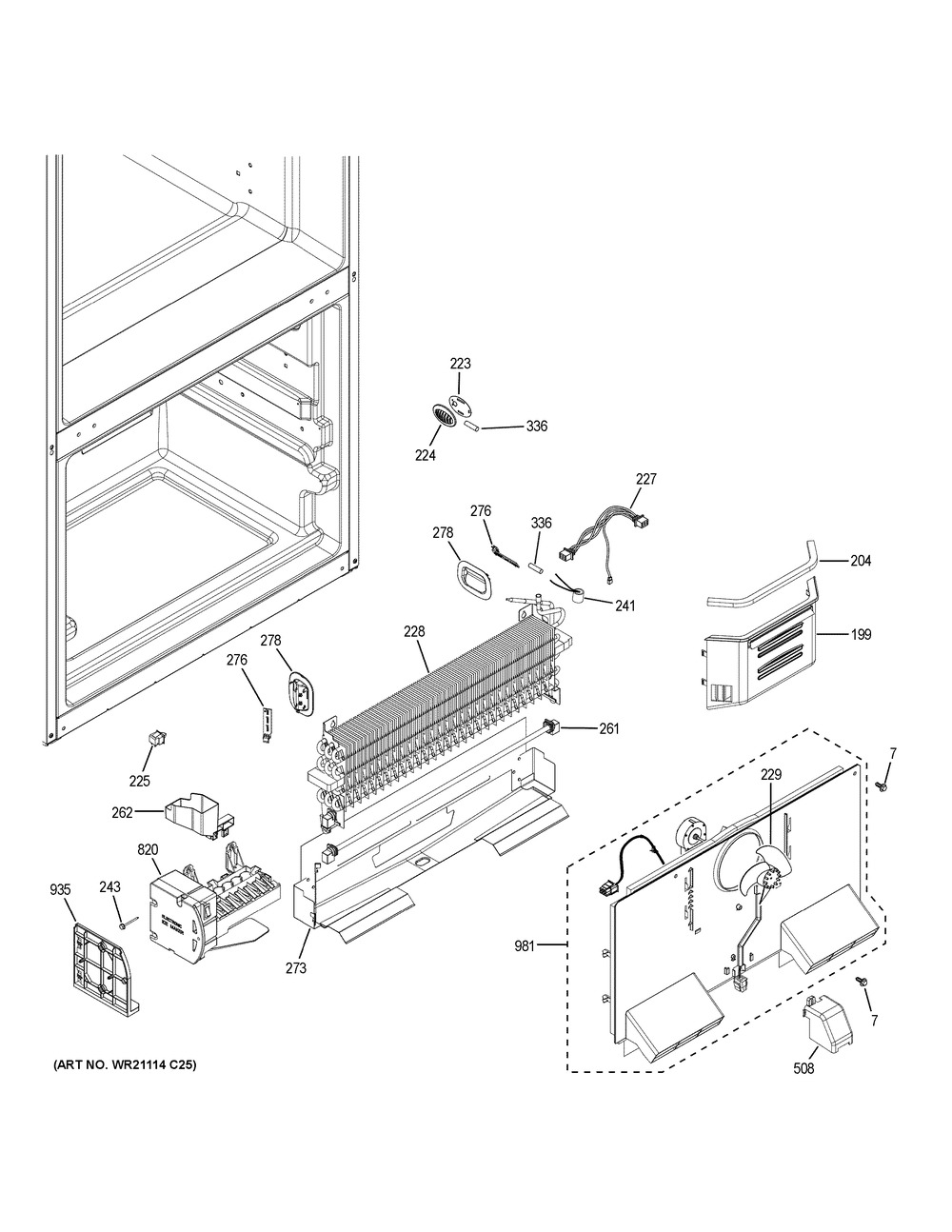 Freezer Section Diagram and Parts List for GNE25JGKGFBB  General Electric Refrigerator