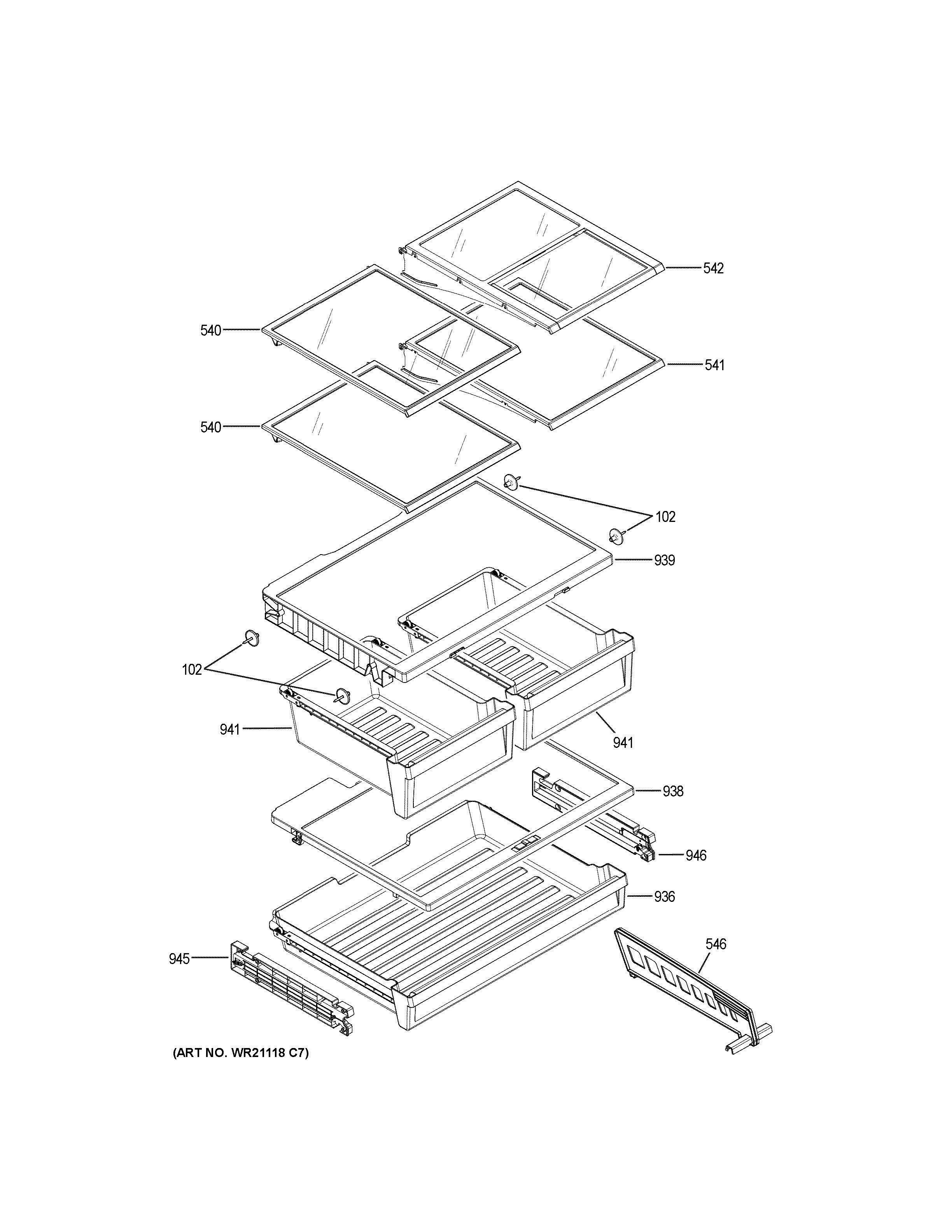 FRESH FOOD SHELVES Diagram and Parts List for GFE24JGKBFBB  General Electric Refrigerator