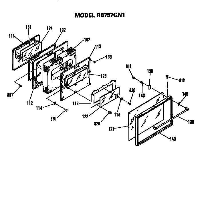 Door Diagram and Parts List for RB757GN1KK  Hotpoint Range
