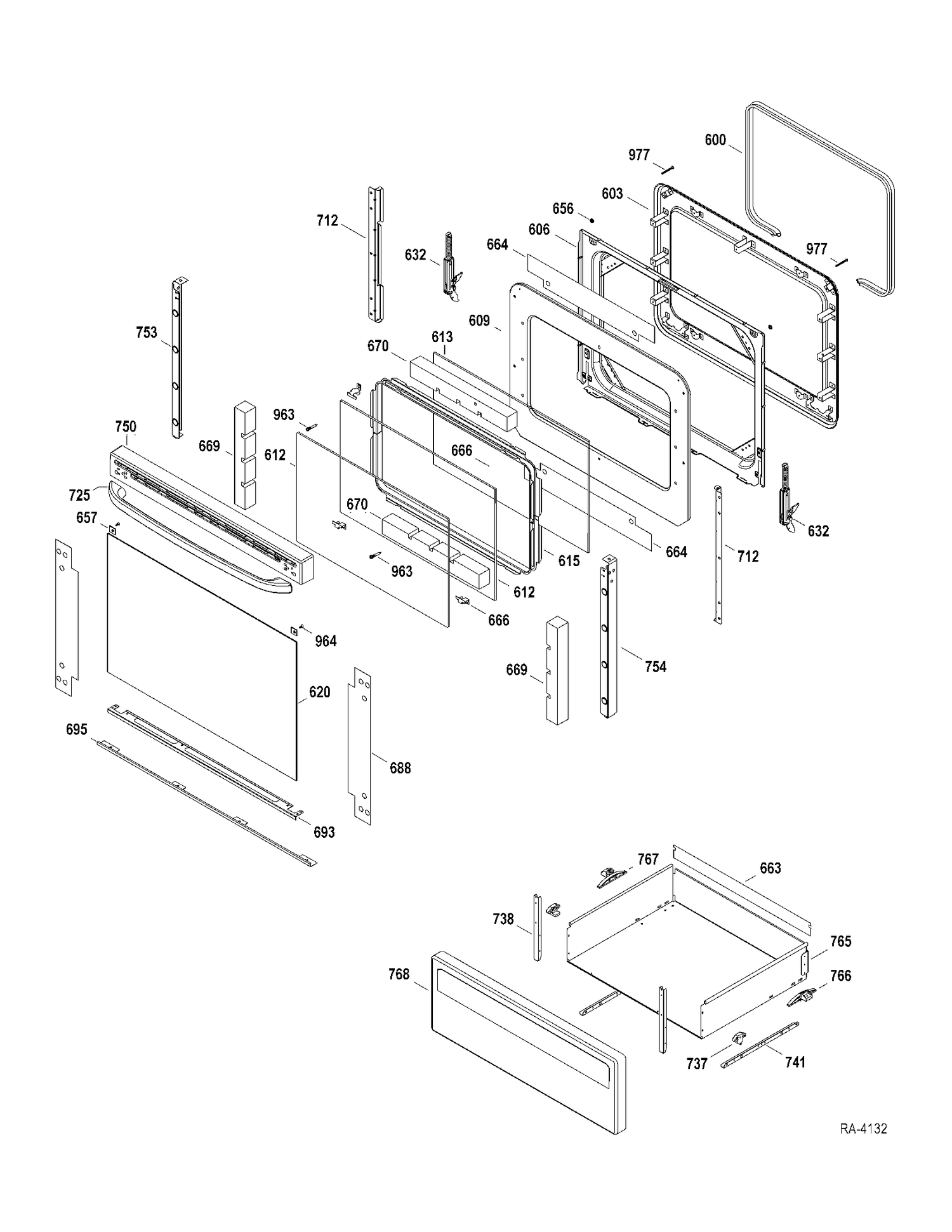 DOOR-DRAWER Diagram and Parts List for JCBP350DT1WW  General Electric Range