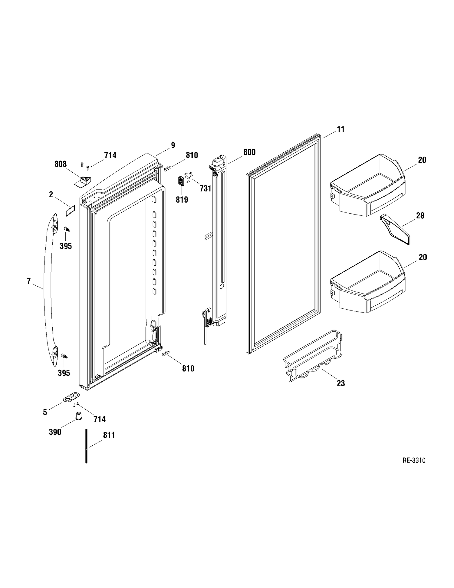 FF DOOR RIGHT Diagram and Parts List for PFRS5NBXASS  General Electric Refrigerator