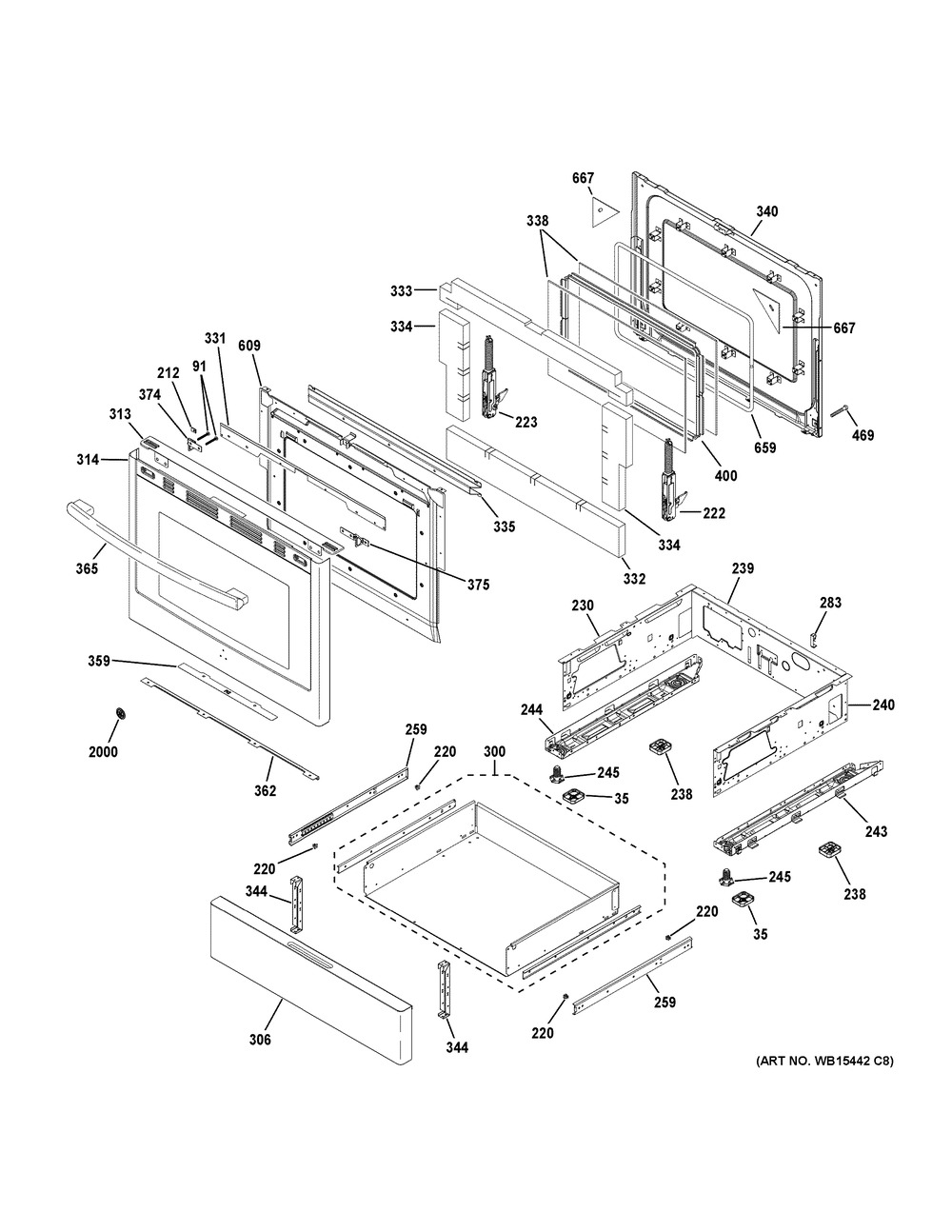 Door & Drawer Parts Diagram and Parts List for PGB911FEJ1DS  General Electric Range