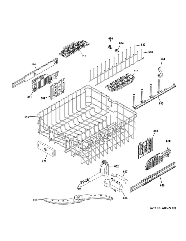Upper Rack Assembly Diagram and Parts List for GDT680SGH2BB  General Electric Dishwasher