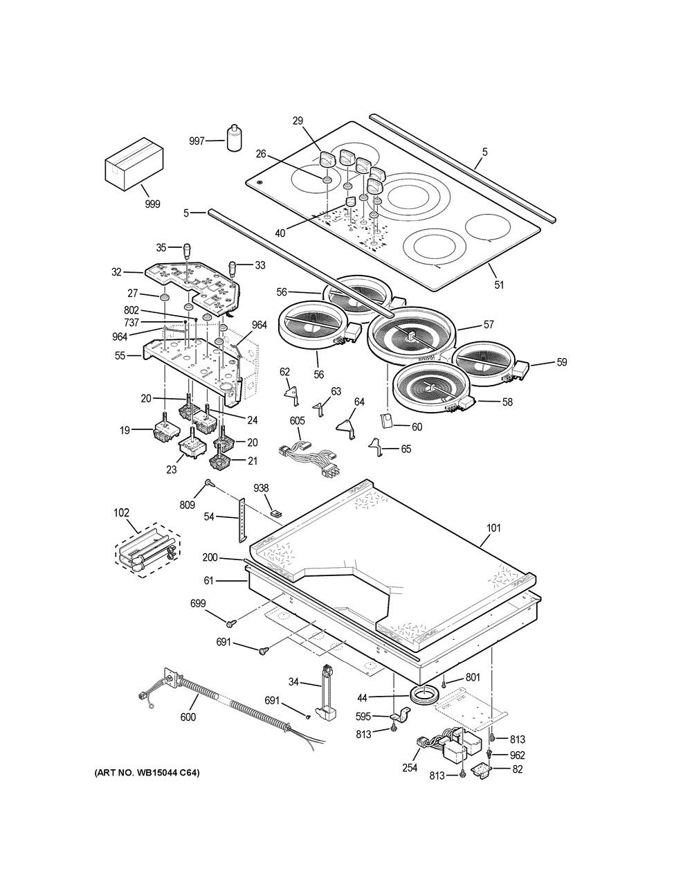 Control Panel & Cooktop Diagram and Parts List for PP7036BM1TS  General Electric Cooktop