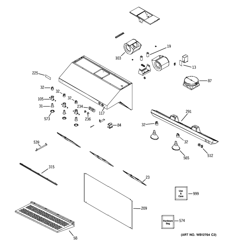 Range Hood Diagram and Parts List for ZV48RSF3SS  General Electric Range Hood