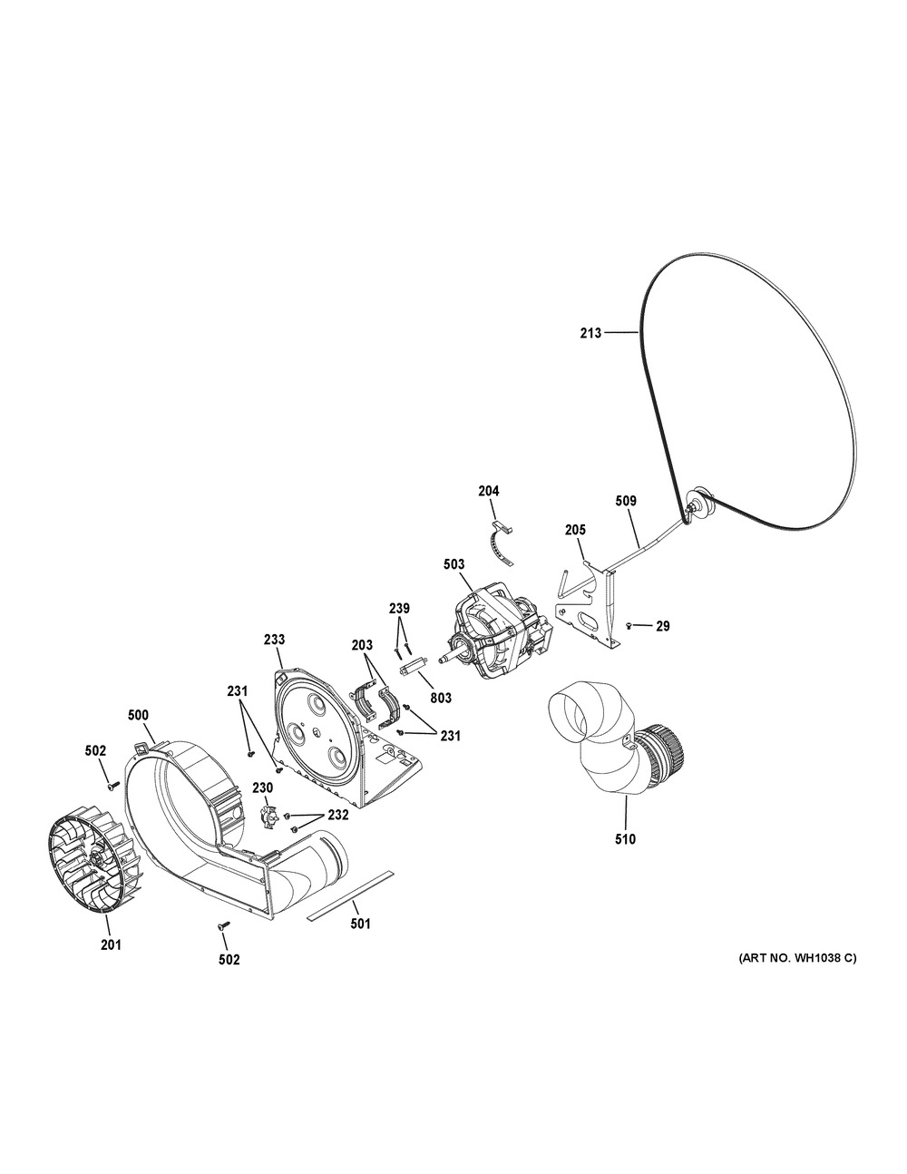 Blower & Motor Assembly Diagram and Parts List for GUD24ESSM1WW  General Electric Washer Dryer Combo