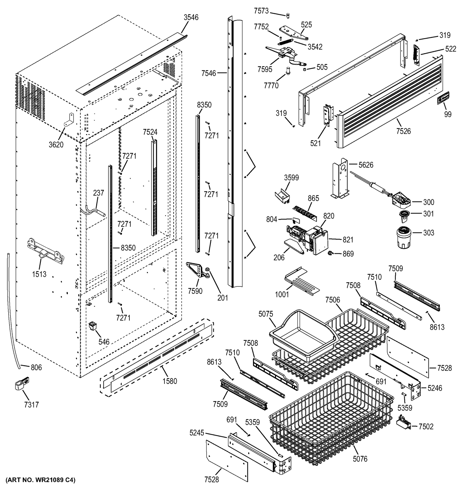 FREEZER SECTION, TRIM & COMPONENTS Diagram and Parts List for ZICP360NXDLH  General Electric Refrigerator