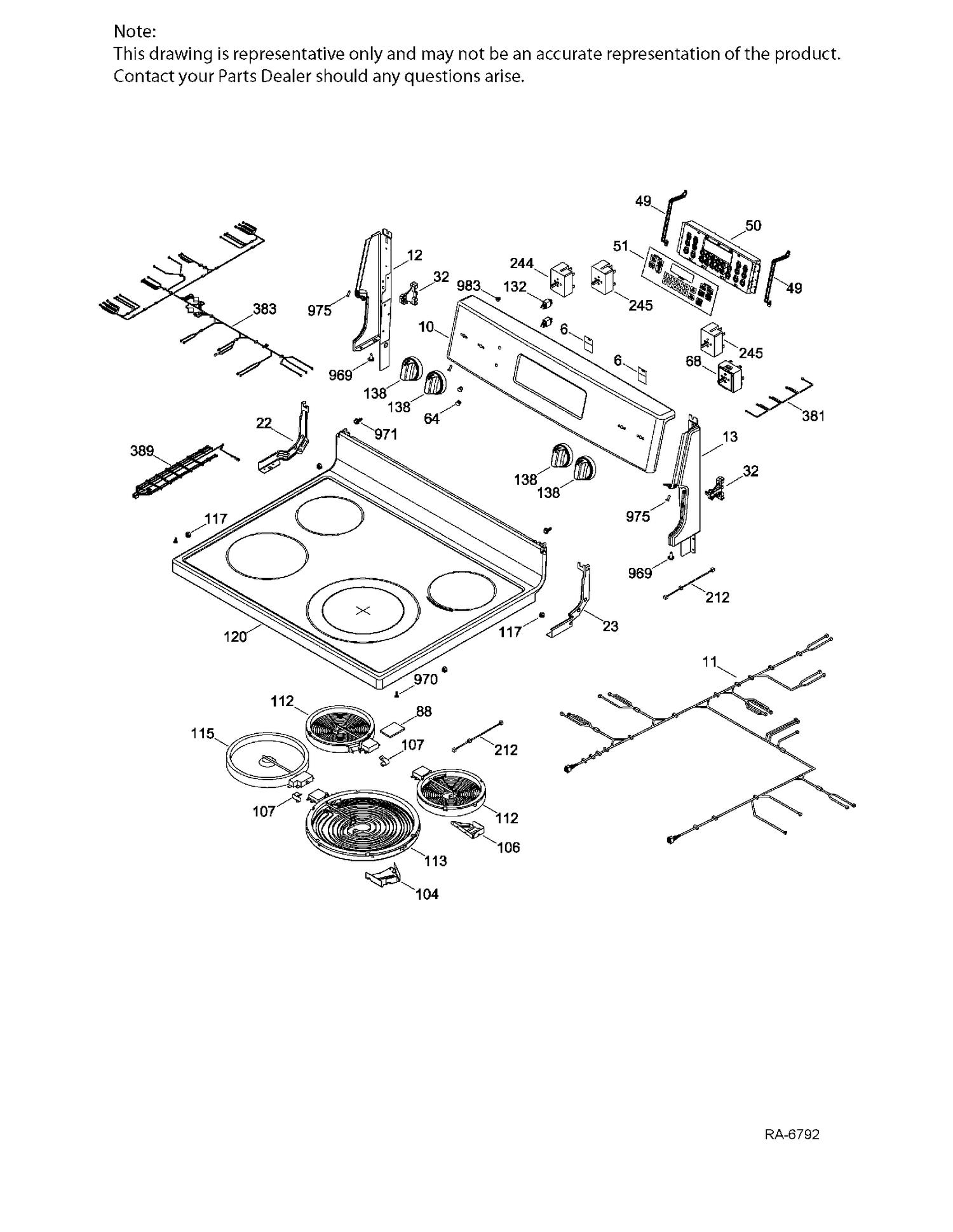 CONTROL PANEL & COOKTOP Diagram and Parts List for JCB730DK1WW  General Electric Range