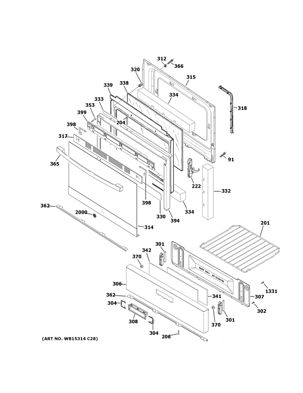 Door And Drawer Parts Diagram and Parts List for JGBS30REK4SS  General Electric Range
