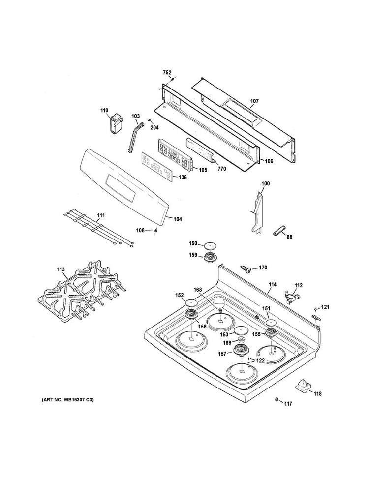 Control Panel & Cooktop Diagram and Parts List for JGB640DEF1BB  General Electric Range