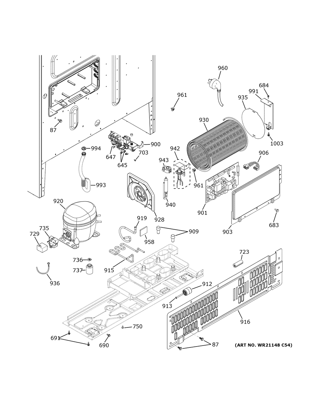 Machine Compartment Diagram and Parts List for PWE23KYNIFS  General Electric Refrigerator