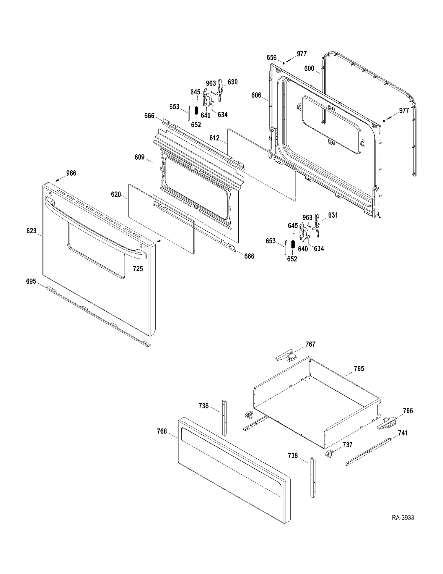 DOOR-DRAWER Diagram and Parts List for MCBS525R2WW  General Electric Range