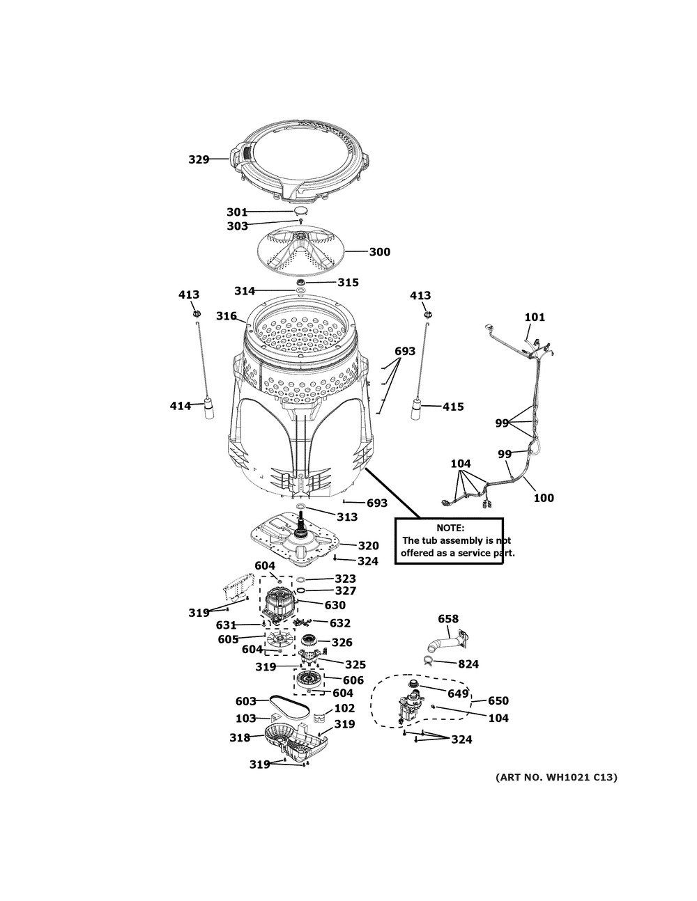 Tub & Motor Diagram and Parts List for GTW680BPL2DG  General Electric Washer