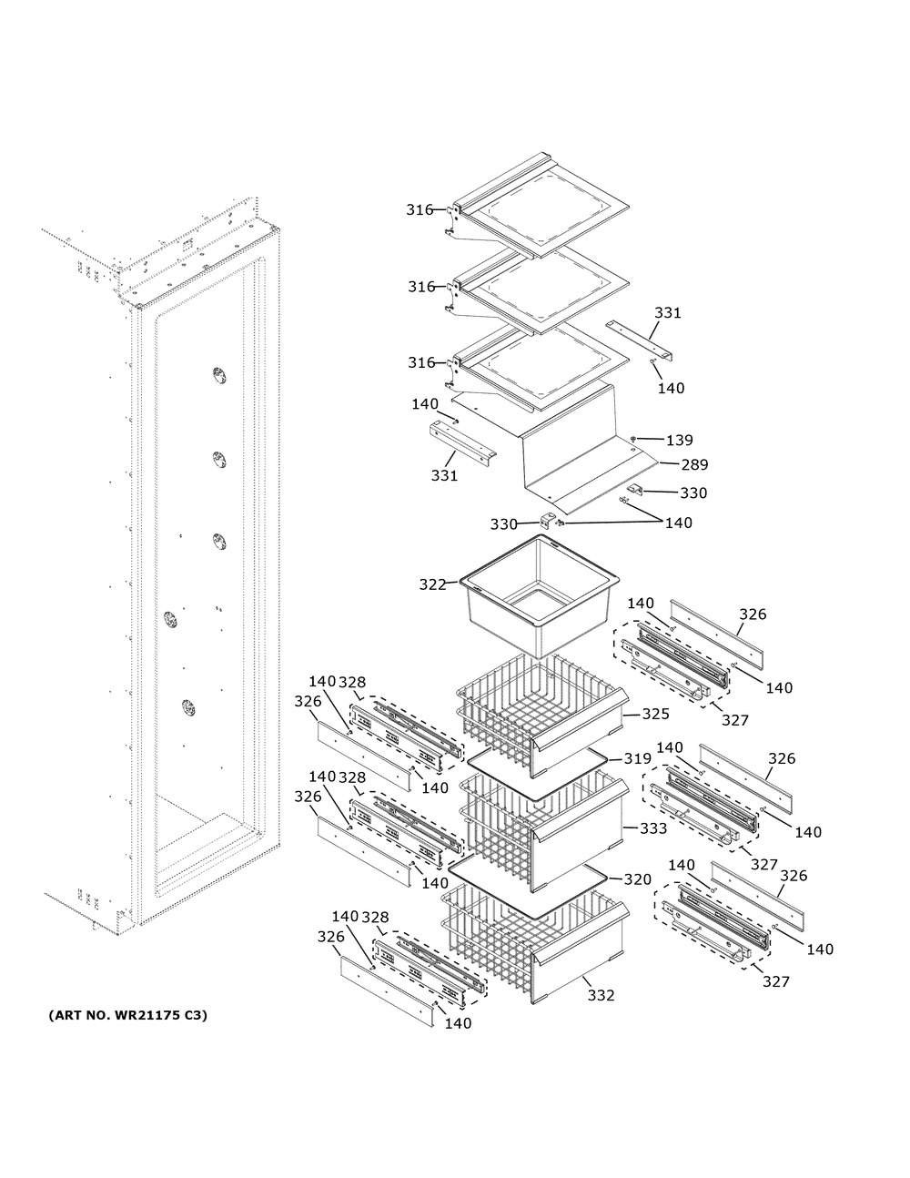 Shelves And Drawers Diagram and Parts List for ZIF241NPNCII  General Electric Refrigerator