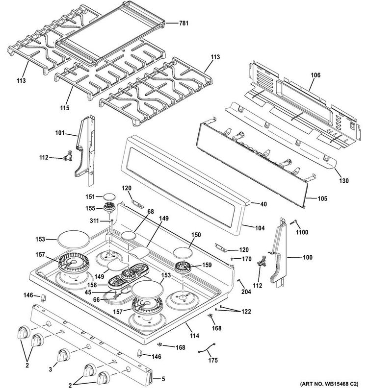 Control Panel & Cooktop Diagram and Parts List for PGB960SEJ3SS  General Electric Range