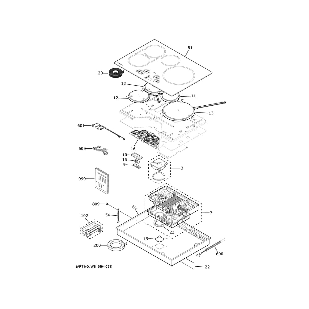 Control Panel And Cooktop 1 Diagram and Parts List for ZHU30RDT3BB  General Electric Cooktop