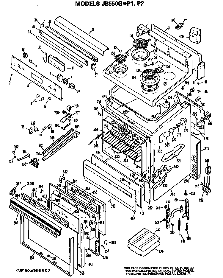 Main Body/cooktop/controls Diagram and Parts List for JB550GP1  General Electric Range