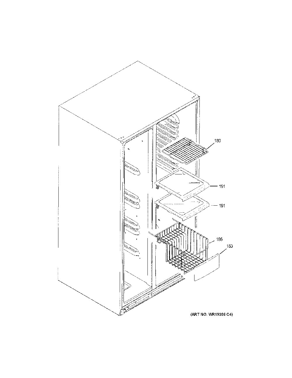 Freezer Shelves Diagram and Parts List for GZS22DGJXFWW  General Electric Refrigerator