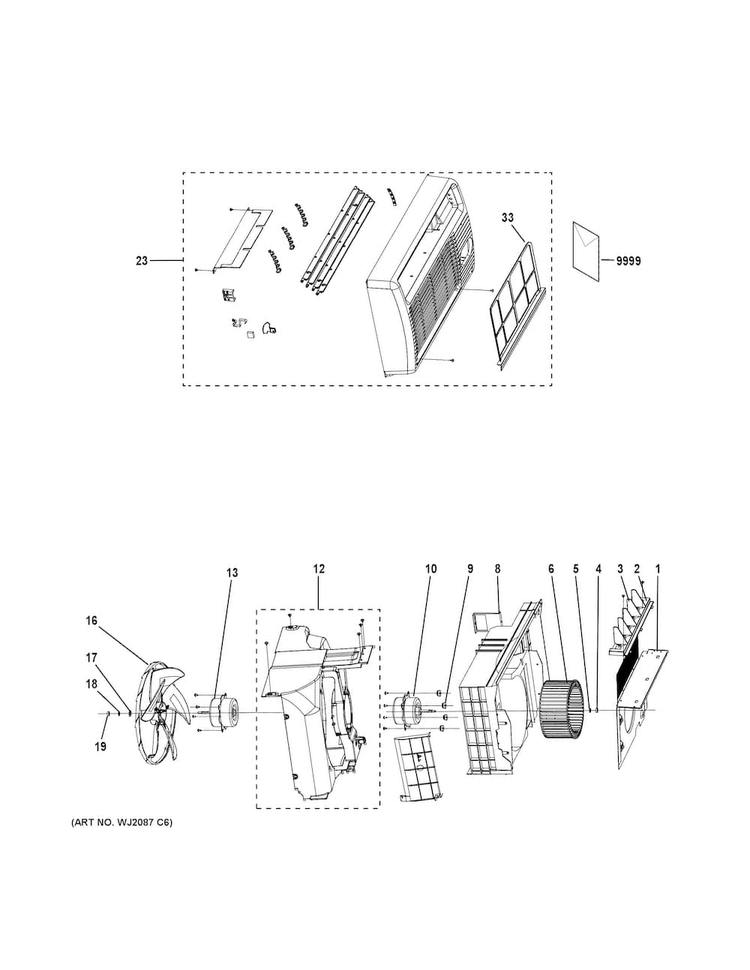 Grille & Chassis Parts Diagram and Parts List for AJCM12DCGL1  General Electric Air Conditioner