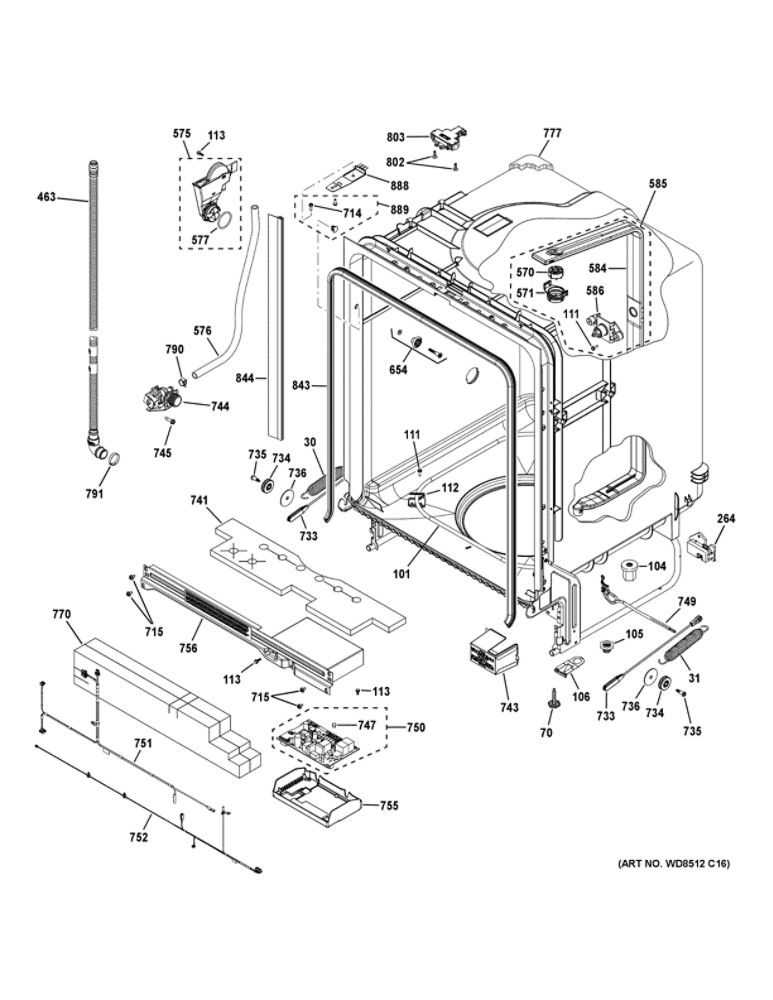 Body Parts Diagram and Parts List for GDT635HSM6SS  General Electric Dishwasher