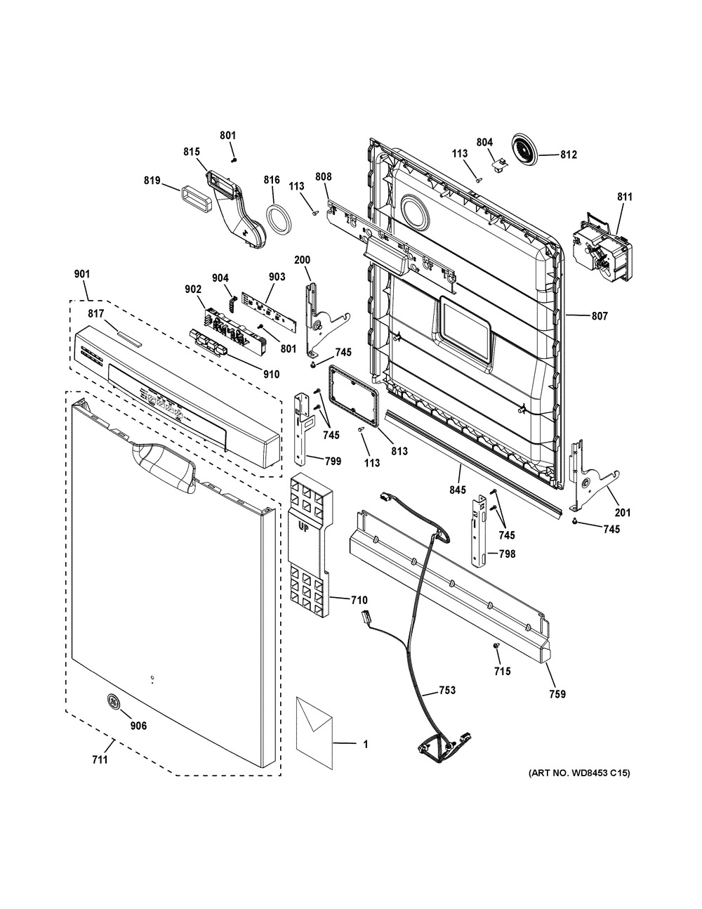 Escutcheon & Door Assembly Diagram and Parts List for GDF510PGM0BB  General Electric Dishwasher