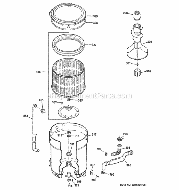 Tub, Basket & Agitator Diagram and Parts List for GTWN2800D1WW  General Electric Washer