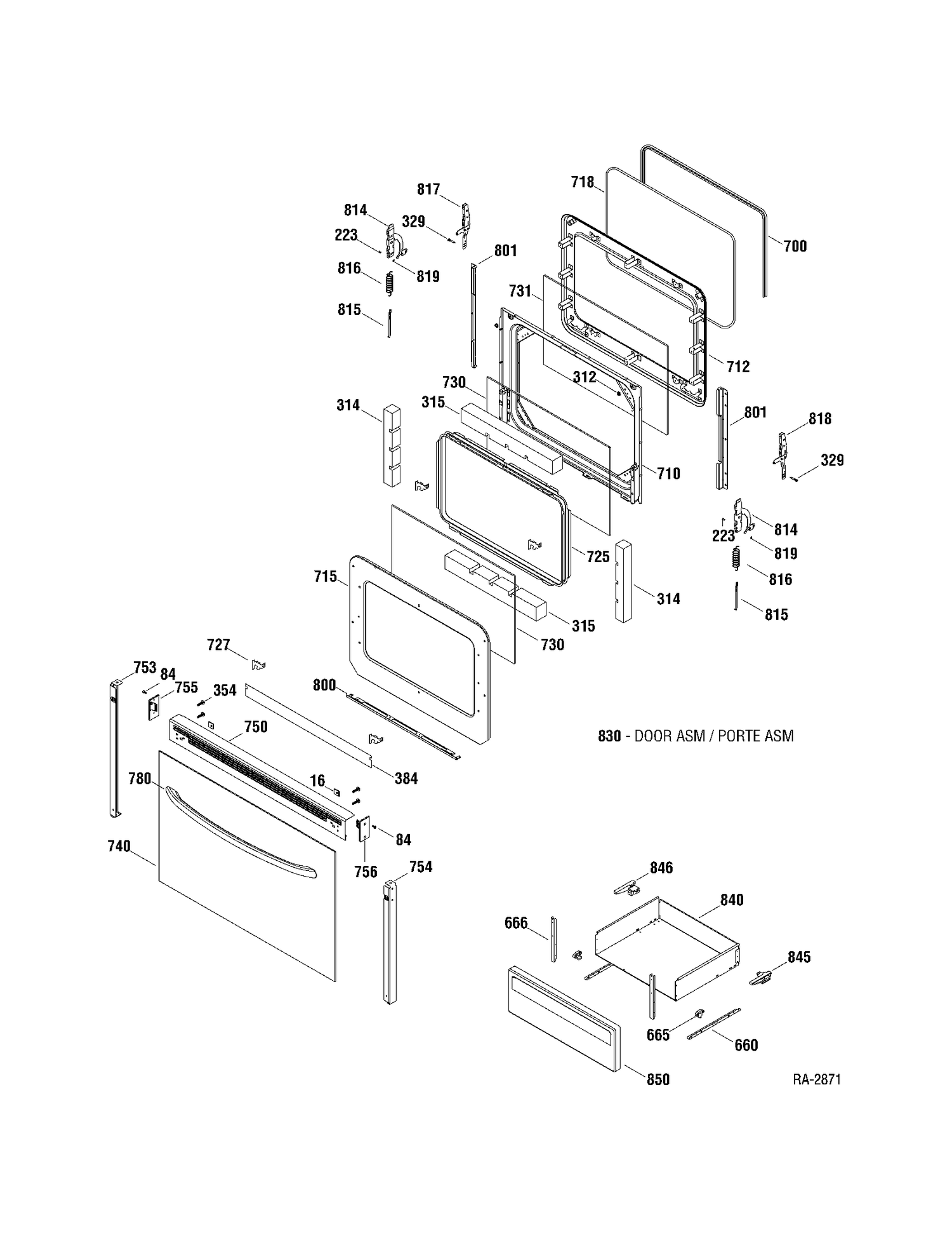 DOOR & DRAWER Diagram and Parts List for JCBP67DP1BB  General Electric Range